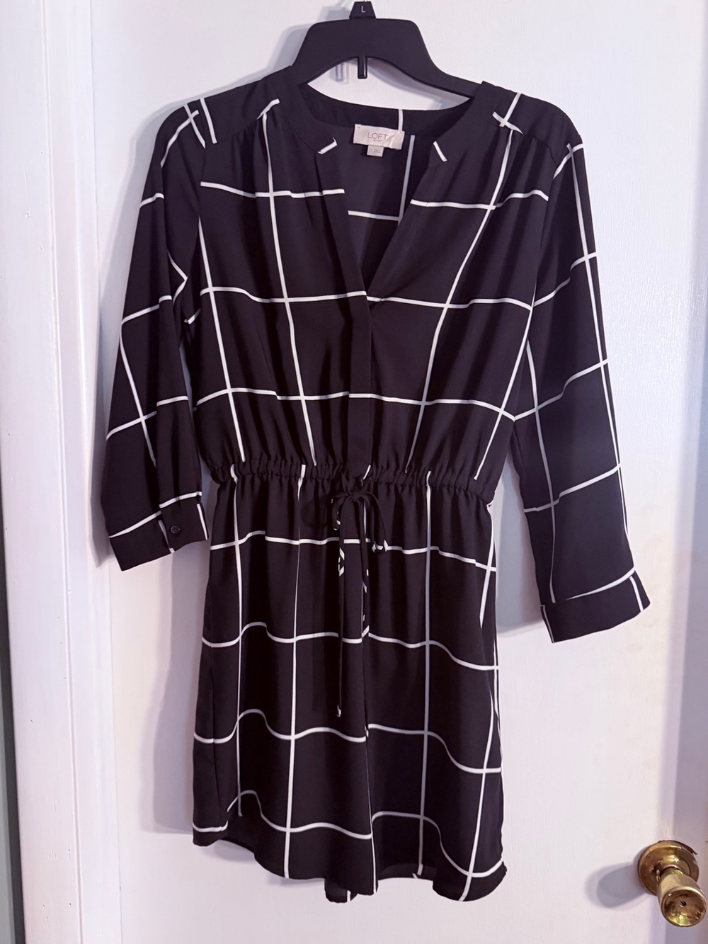 LOFT Black Windowpane Drawstring Waist Tunic